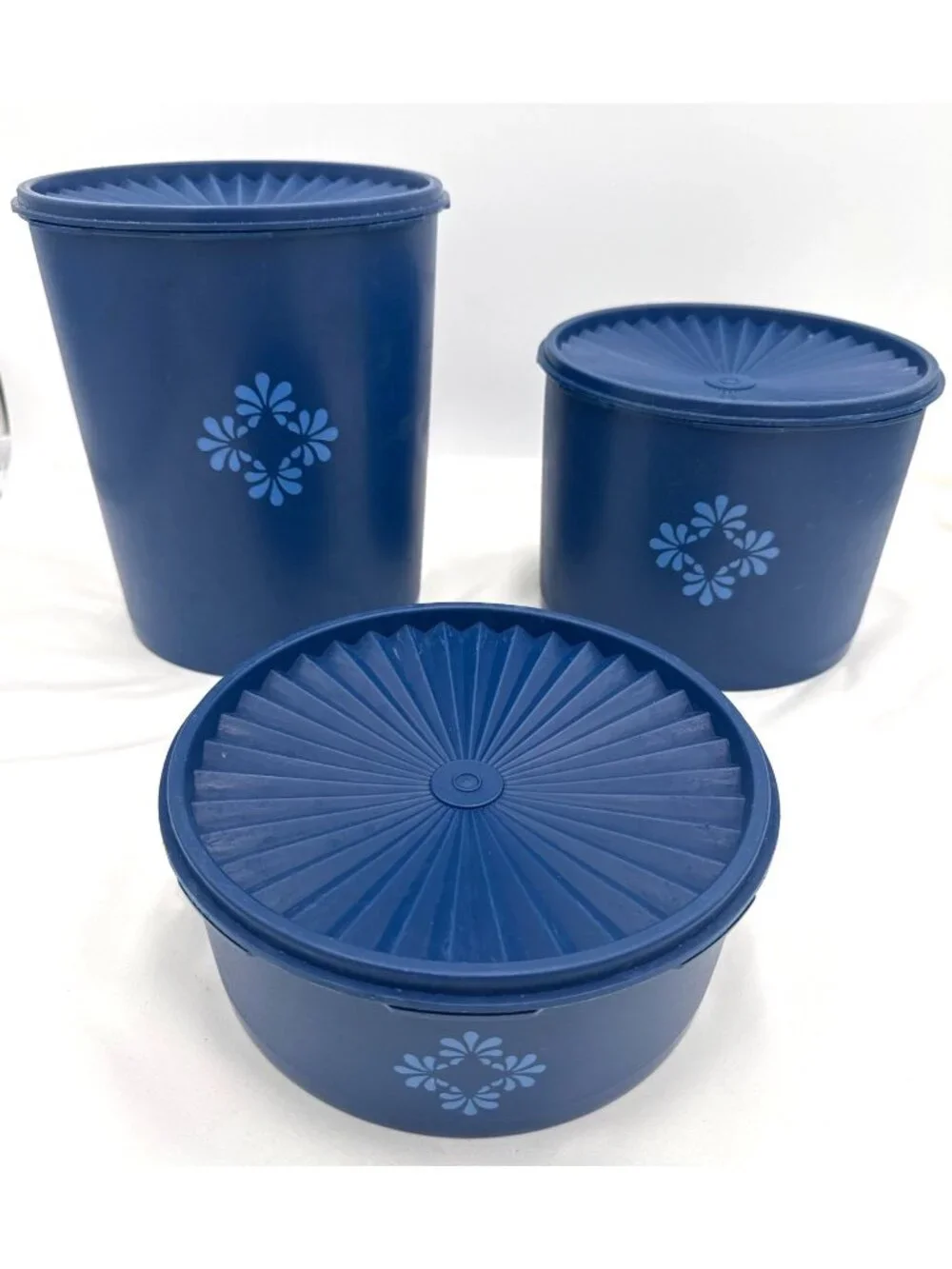 Vintage Tupperware Blue Canister Set With Seals & Floral Design